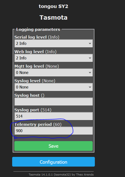 setting tasmota telemetry data push period